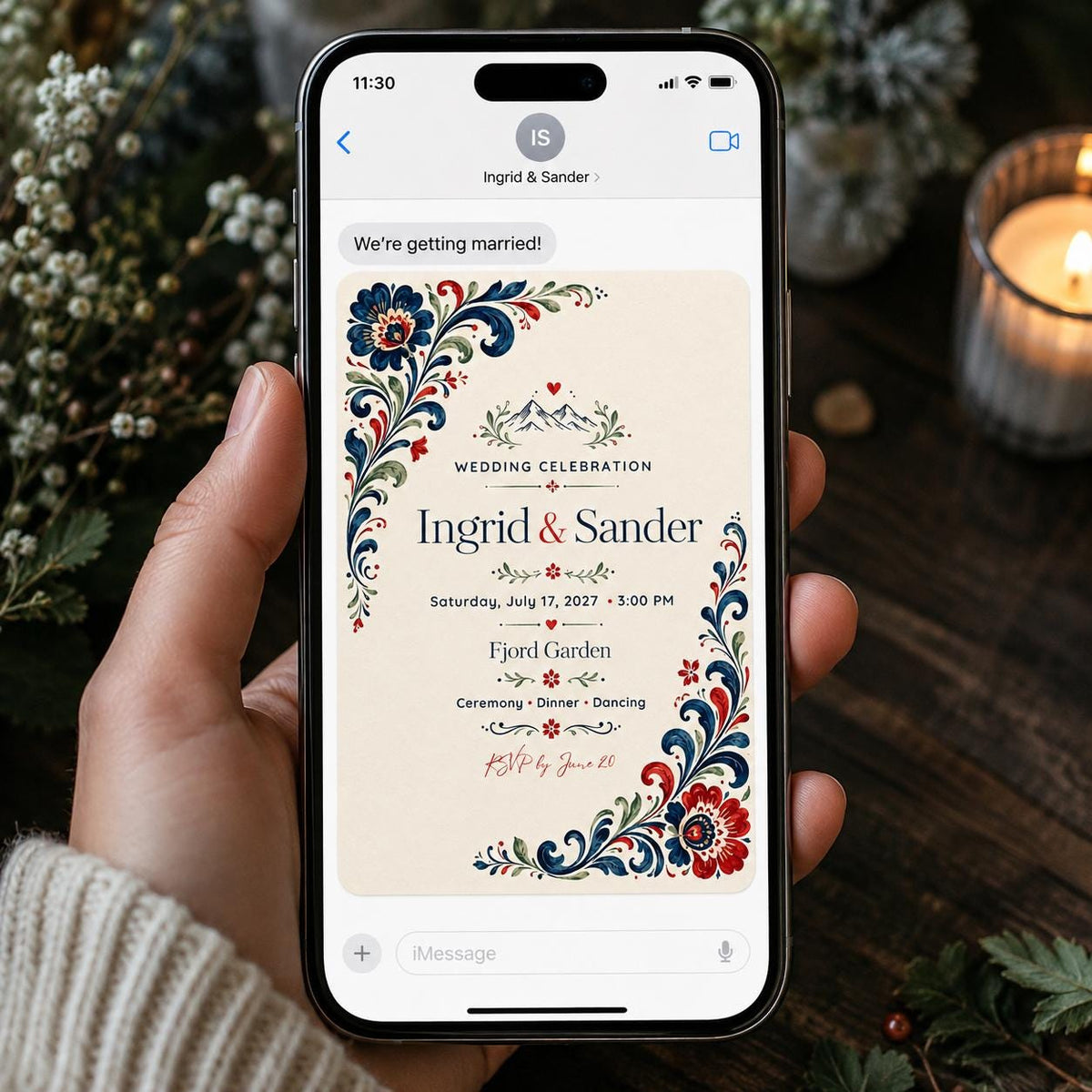 Blue and Red Scandinavian Wedding Invitation — floral design