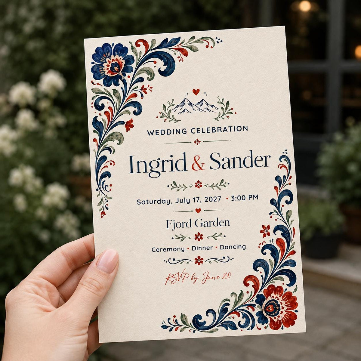 Blue and Red Scandinavian Wedding Invitation — invitation you personalize in Canva