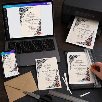 Blue and Red Scandinavian Wedding Invitation — floral wedding design