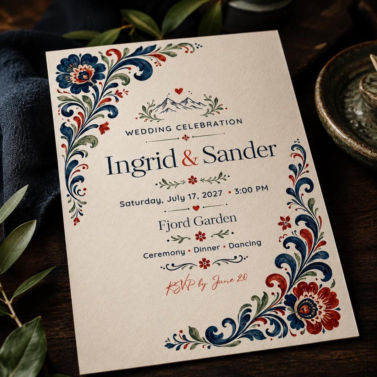 Blue and Red Scandinavian Wedding Invitation — print-ready wedding design from VoltBy