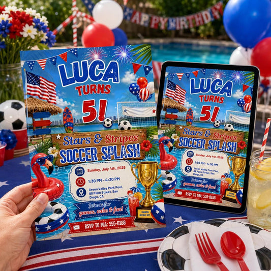 Blue and Red Stars And Stripes Soccer Splash 5th Birthday Invitation — editable Canva template