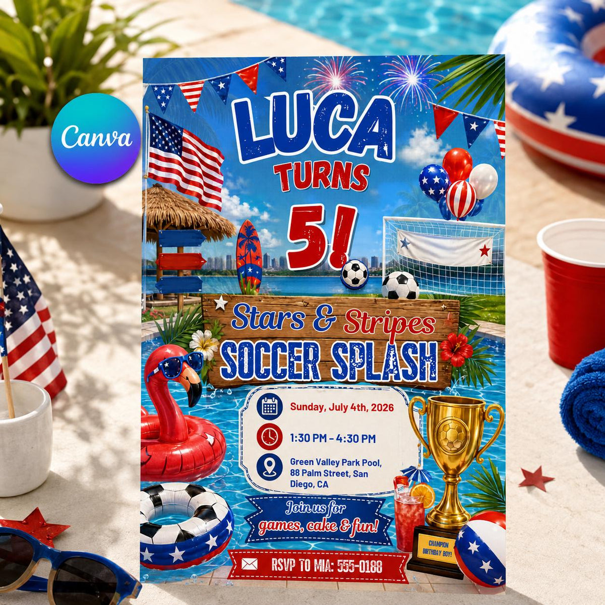 Blue and Red Stars And Stripes Soccer Splash 5th Birthday Invitation — invitation you personalize in Canva