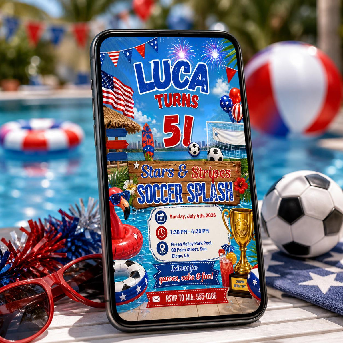 Blue and Red Stars And Stripes Soccer Splash 5th Birthday Invitation — print-ready 5th birthday party design from VoltBy