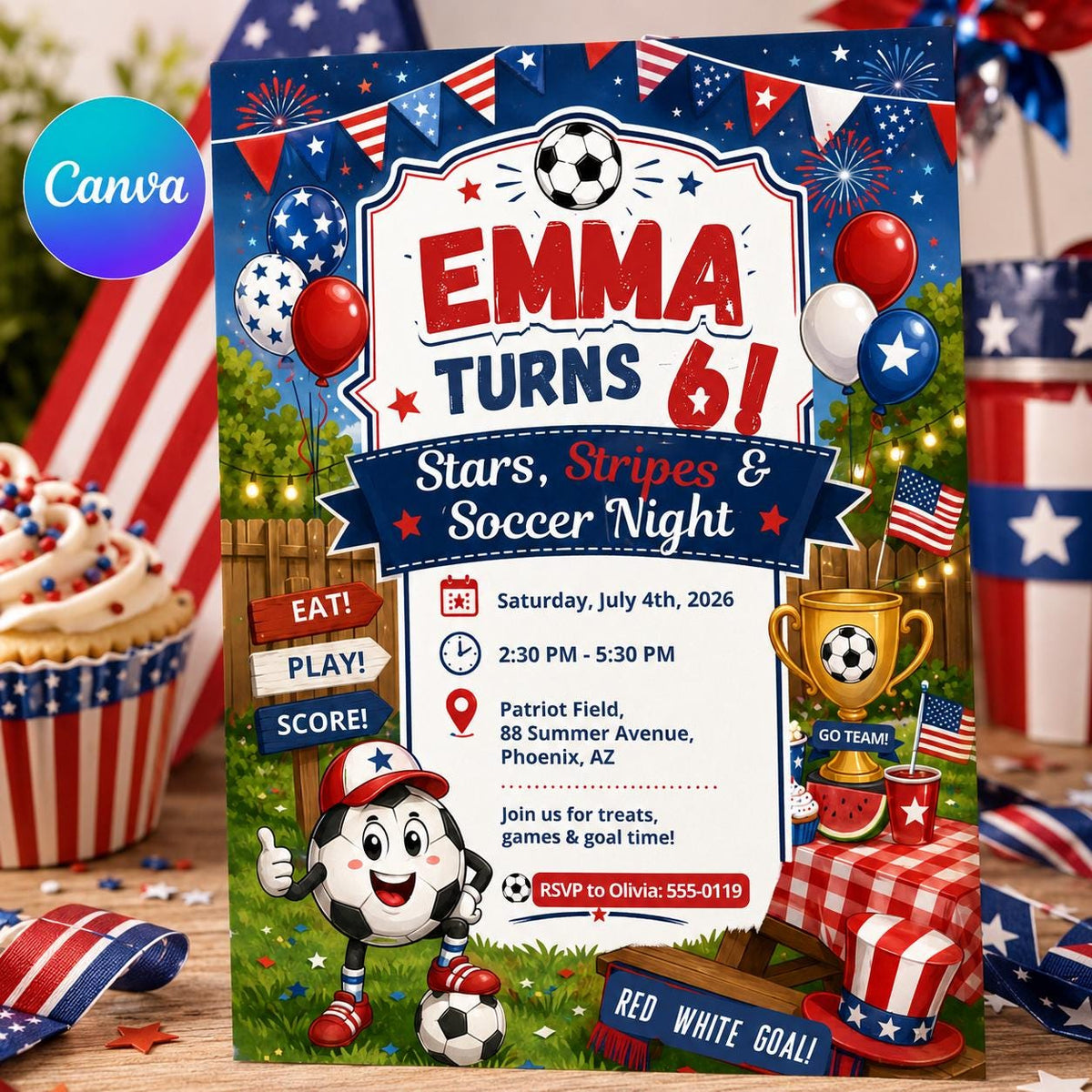 Blue and Red Stars Stripes Soccer Night 6th Birthday Invitation — editable Canva template