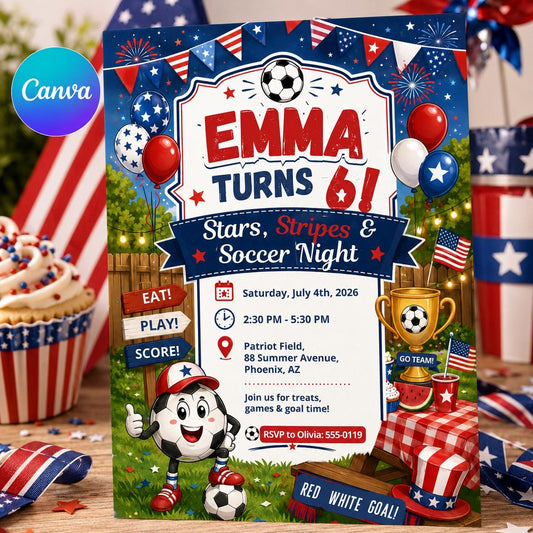 Blue and Red Stars Stripes Soccer Night 6th Birthday Invitation — editable Canva template
