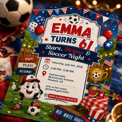 Blue and Red Stars Stripes Soccer Night 6th Birthday Invitation — celestial patriotic design