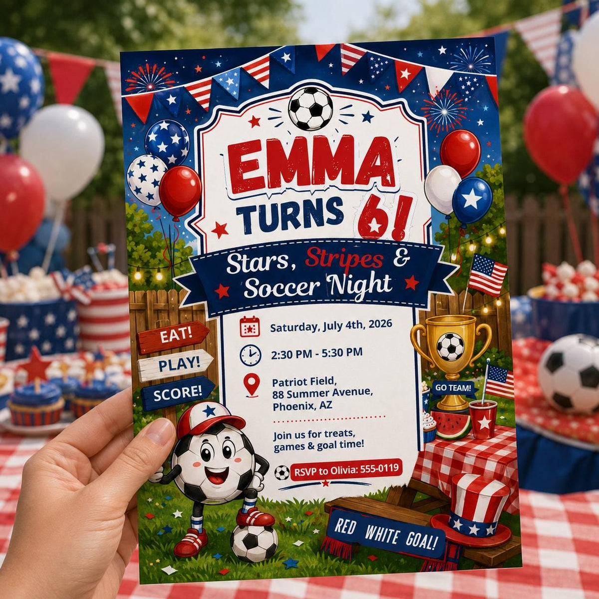 Blue and Red Stars Stripes Soccer Night 6th Birthday Invitation — print-ready 6th birthday party design from VoltBy