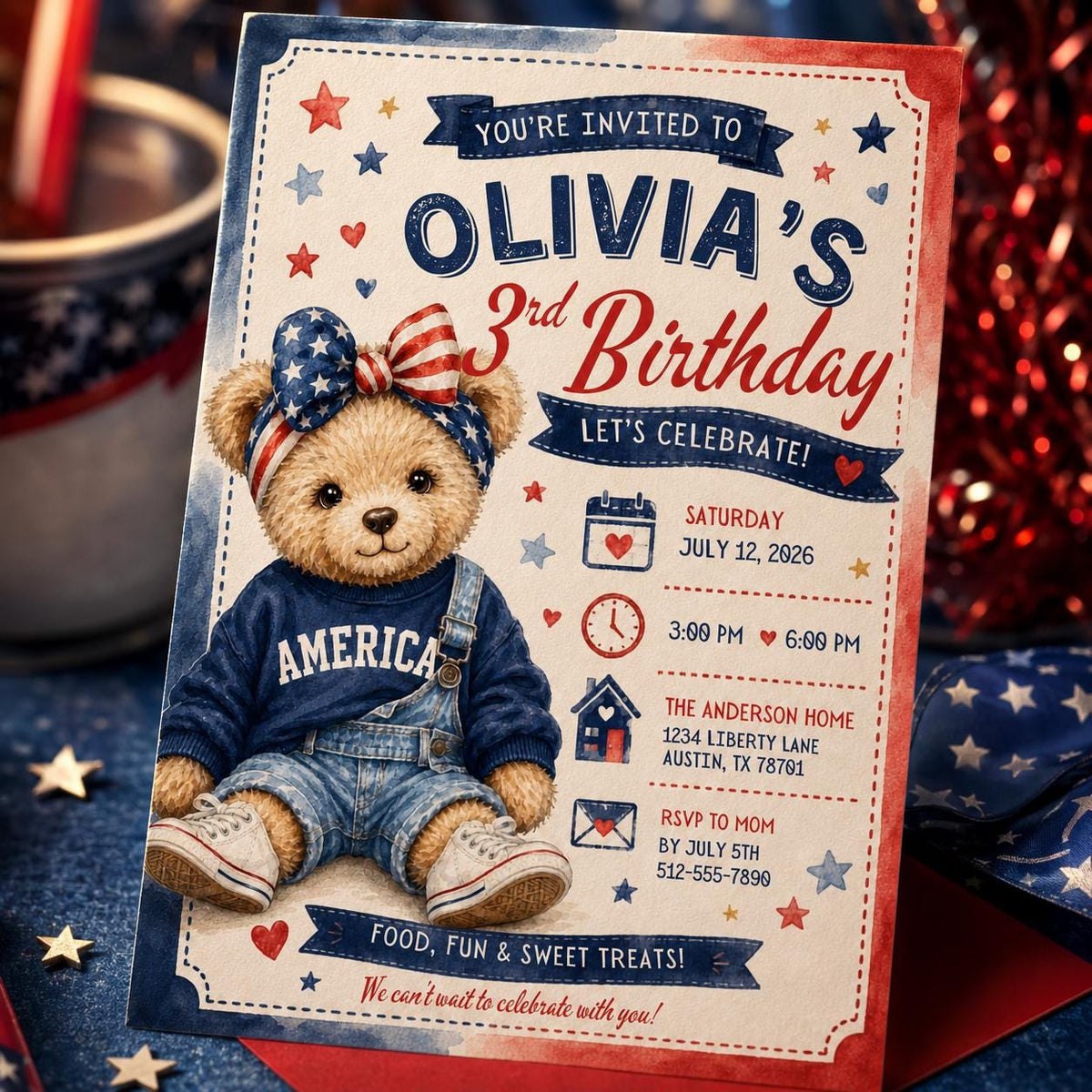 Blue and Red Teddy Bear 3rd Birthday Invitation — patriotic design
