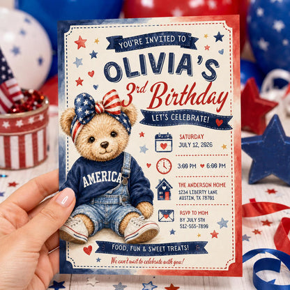 Blue and Red Teddy Bear 3rd Birthday Invitation — invitation you personalize in Canva