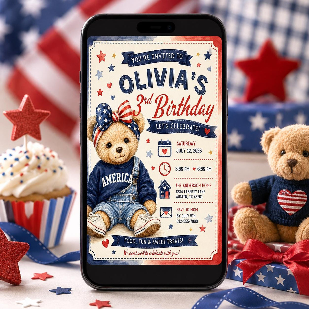 Blue and Red Teddy Bear 3rd Birthday Invitation — print-ready 3rd birthday party design from VoltBy