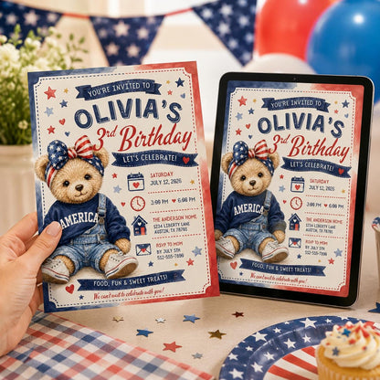 Blue and Red Teddy Bear 3rd Birthday Invitation — digital invitation, instant download