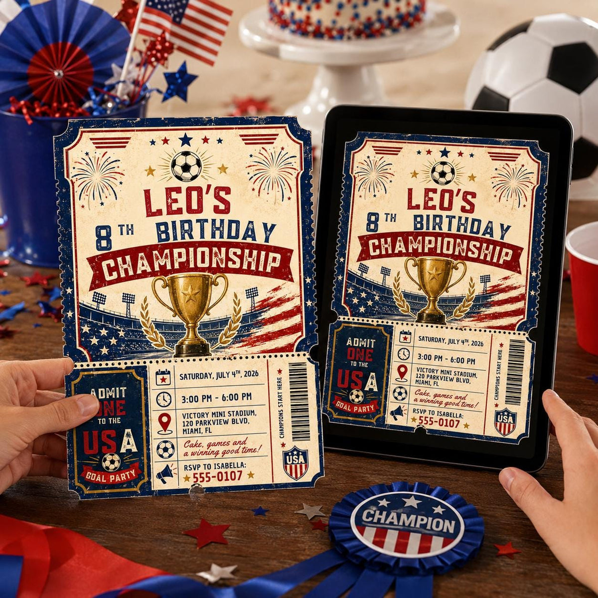 Blue and Red USA Goal Party 8th Birthday Invitation for Boys — invitation you personalize in Canva