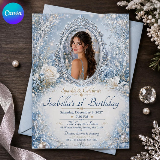 Blue and Silver 21st Birthday Invitation — editable Canva template