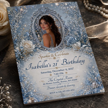 Blue and Silver 21st Birthday Invitation — snowflake design