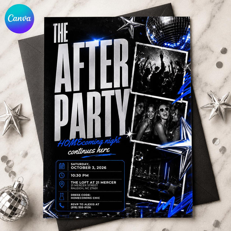 Blue and Silver Homecoming After Party Invitation