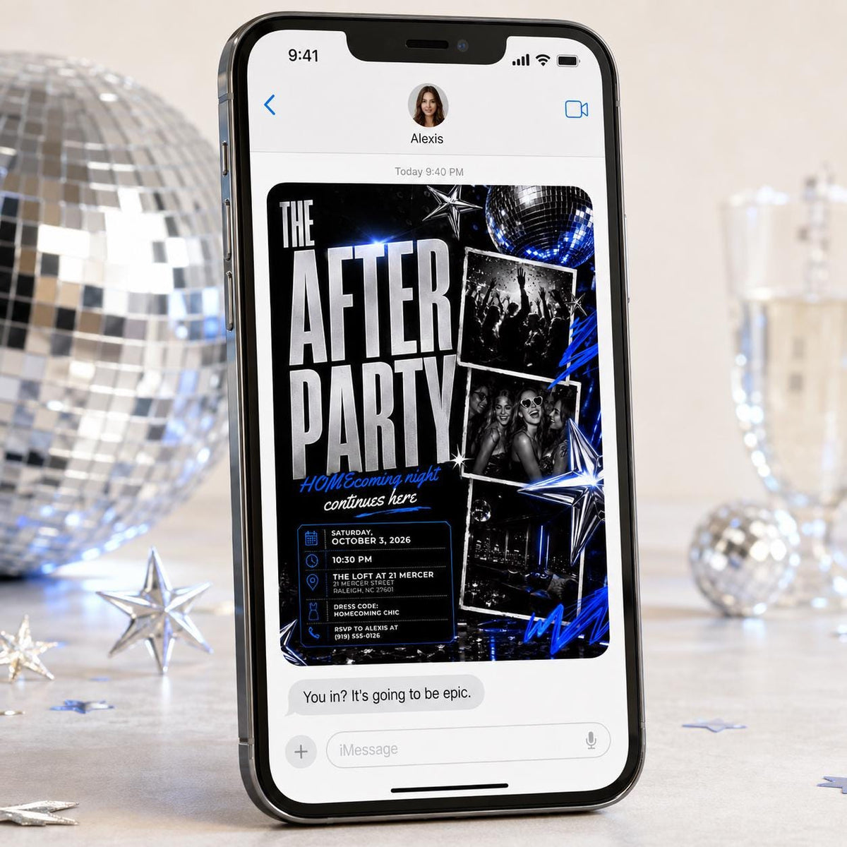 Blue and Silver Homecoming After Party Invitation in black