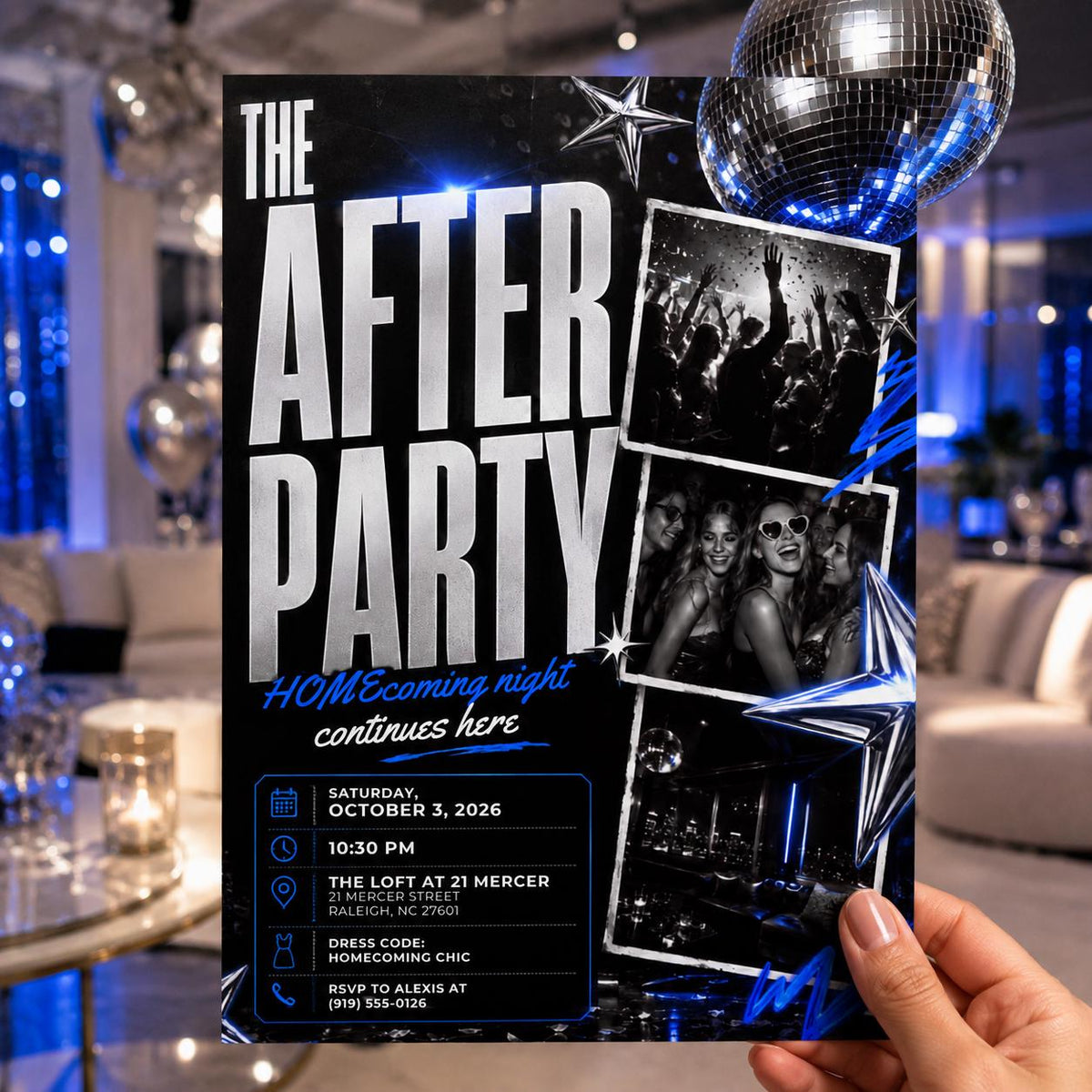 Blue and Silver Homecoming After Party Invitation — dance disco ball design