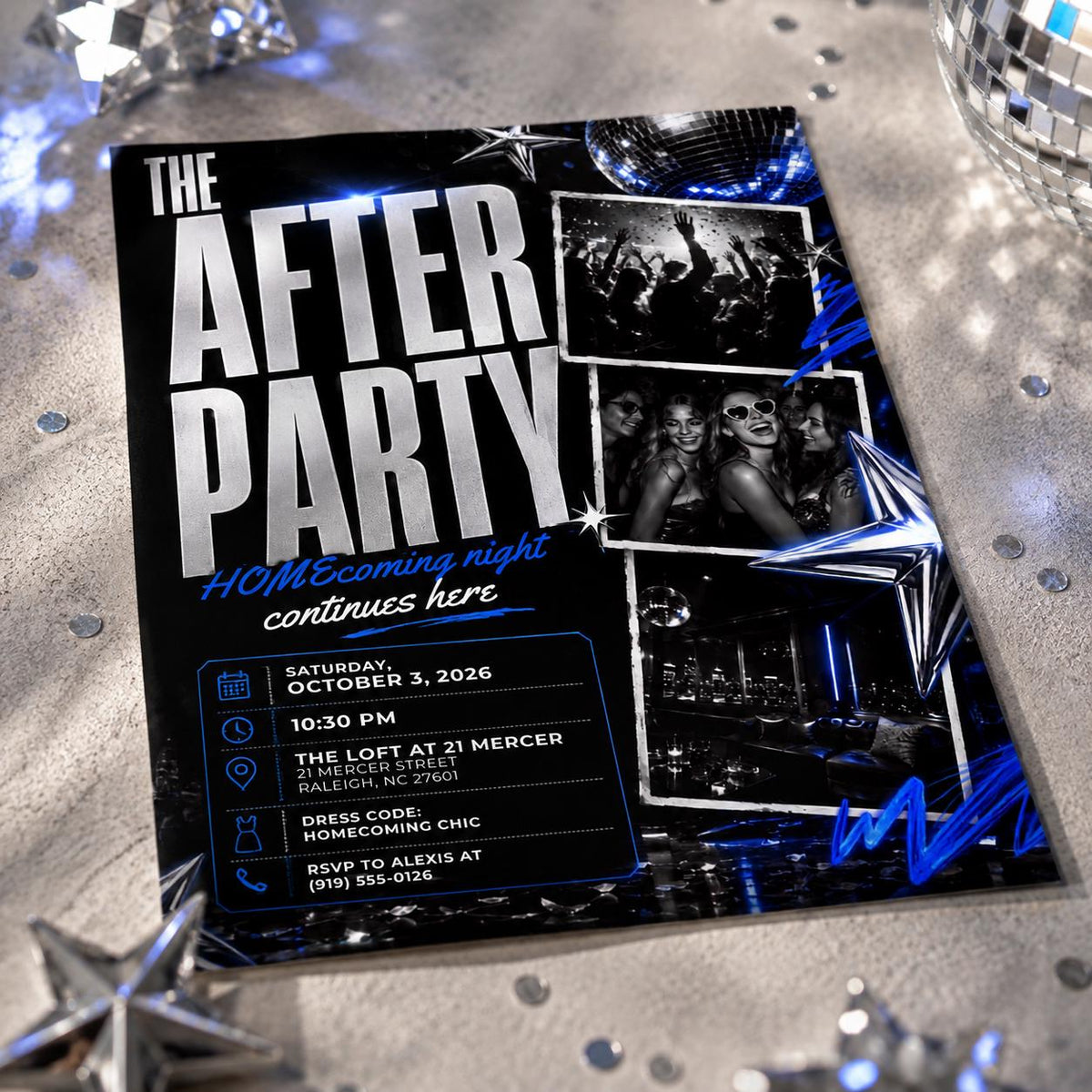 Blue and Silver Homecoming After Party Invitation — disco homecoming design