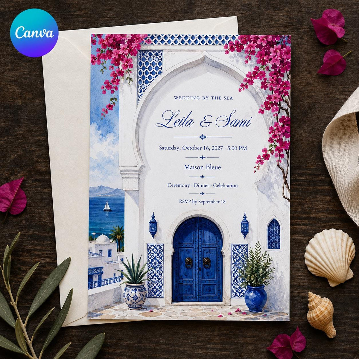 Blue and White Santorini Wedding Invitation — editable Canva template