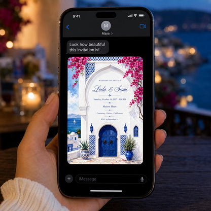 Blue and White Santorini Wedding Invitation — beach travel design