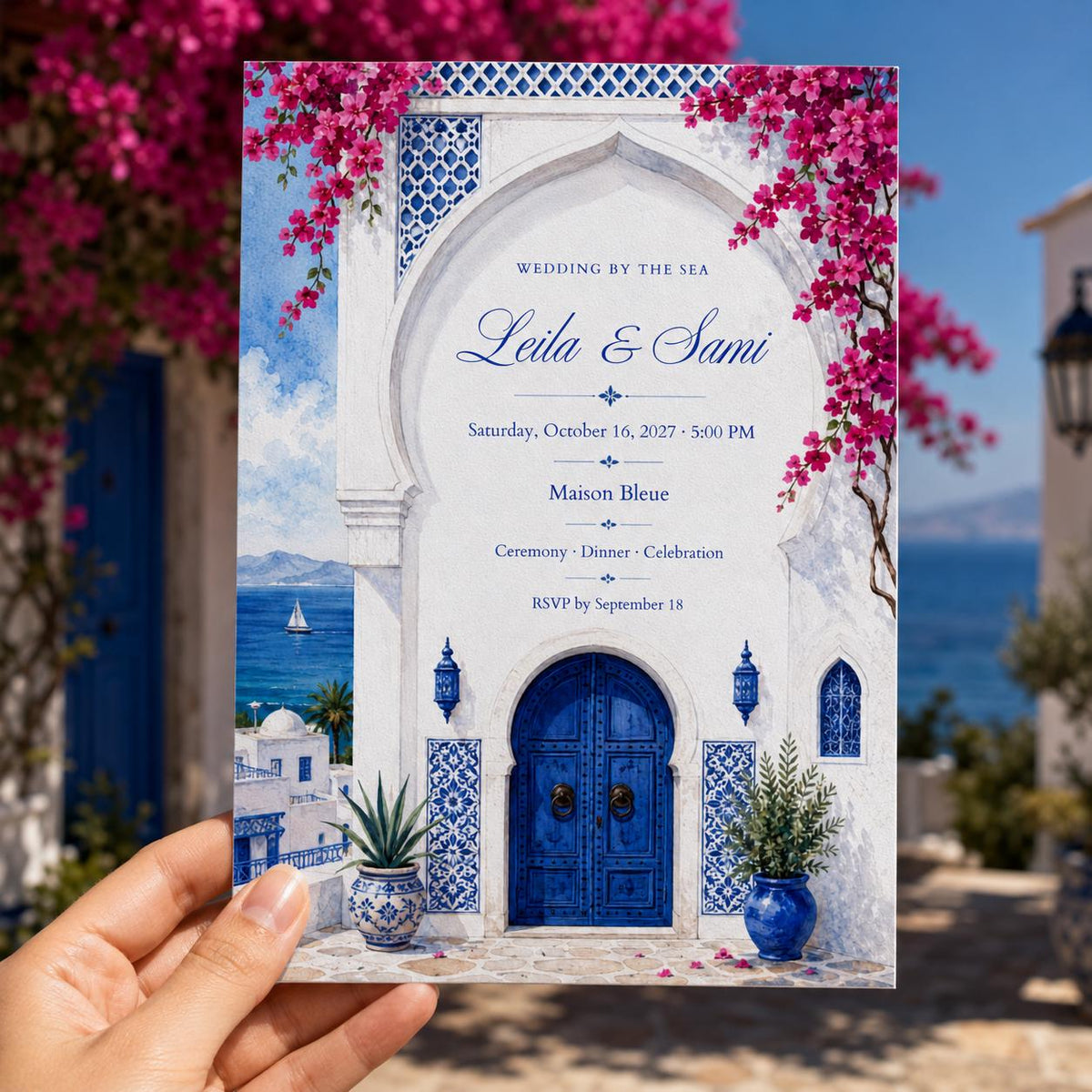 Blue and White Santorini Wedding Invitation — invitation you personalize in Canva