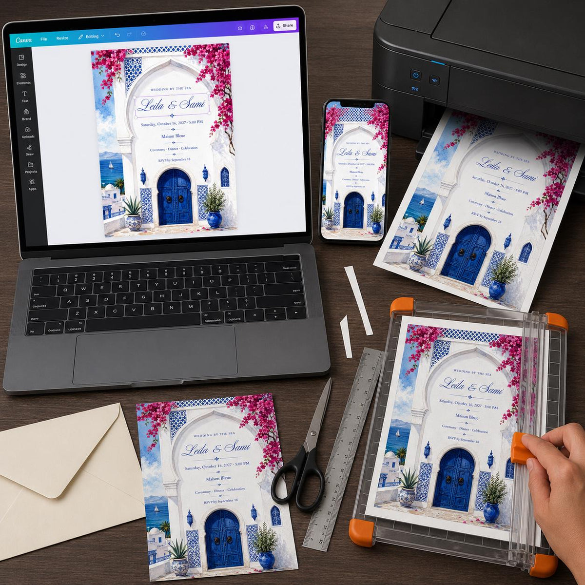 Blue and White Santorini Wedding Invitation — watercolor wedding design