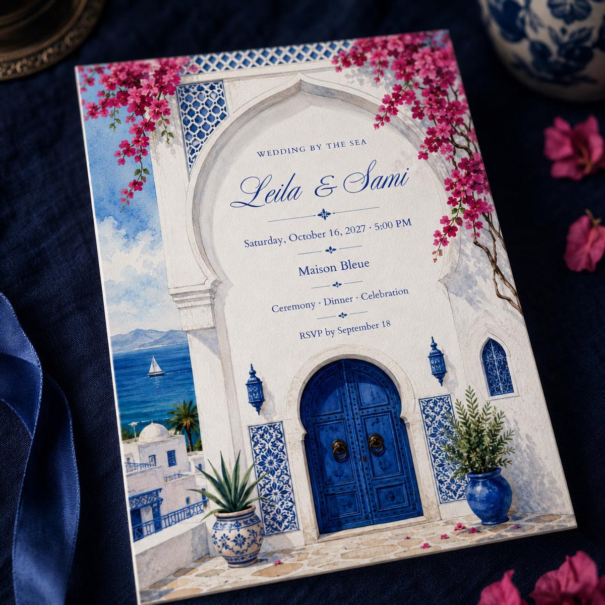 Blue and White Santorini Wedding Invitation — print-ready wedding design from VoltBy