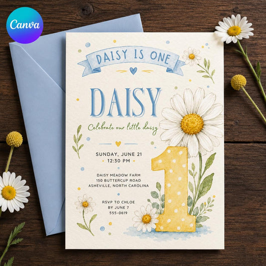 Blue and Yellow Daisy First Birthday Invitation for Girls — editable Canva template