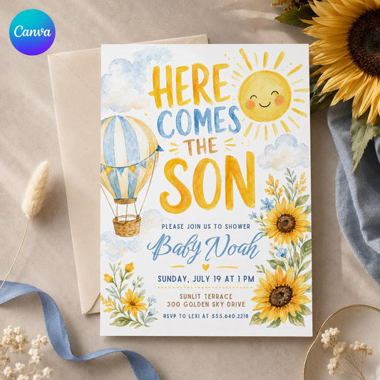 Blue and Yellow Here Comes the Son Baby Shower Invitation for Boys — editable Canva template