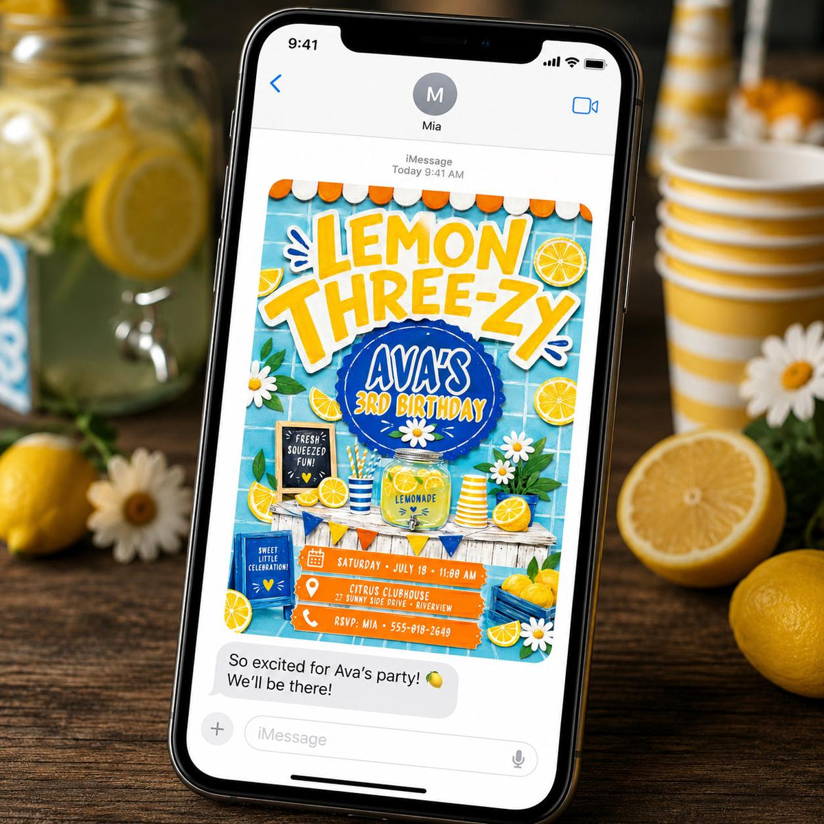 Blue and Yellow Lemon Three-zy 3rd Birthday Invitation for Girls — lemonade design