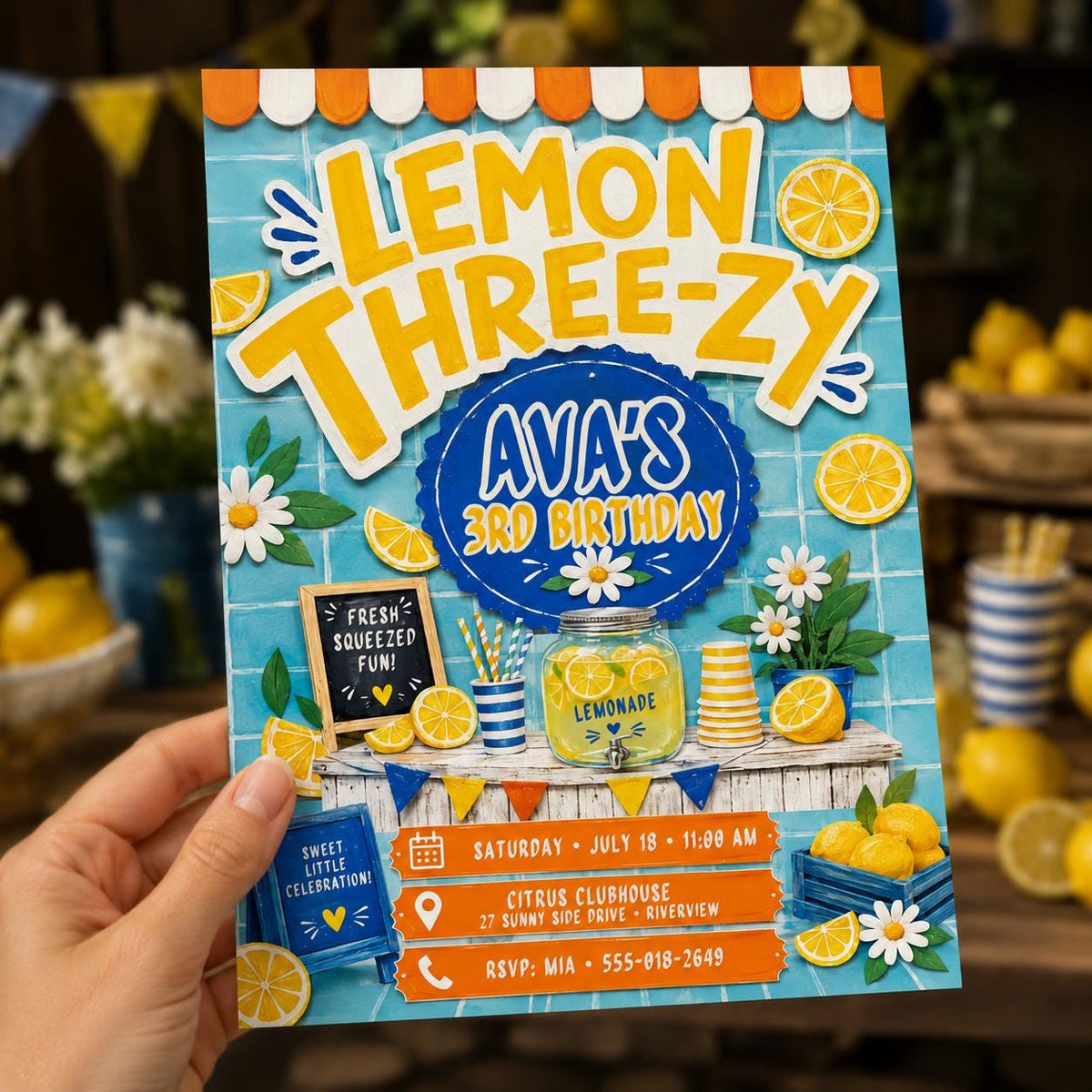 Blue and Yellow Lemon Three-zy 3rd Birthday Invitation for Girls — invitation you personalize in Canva