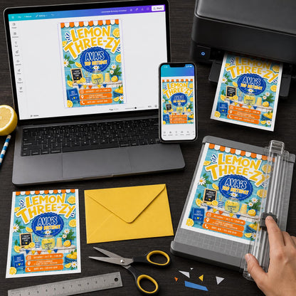 Blue and Yellow Lemon Three-zy 3rd Birthday Invitation for Girls — print-ready 3rd birthday party design from VoltBy
