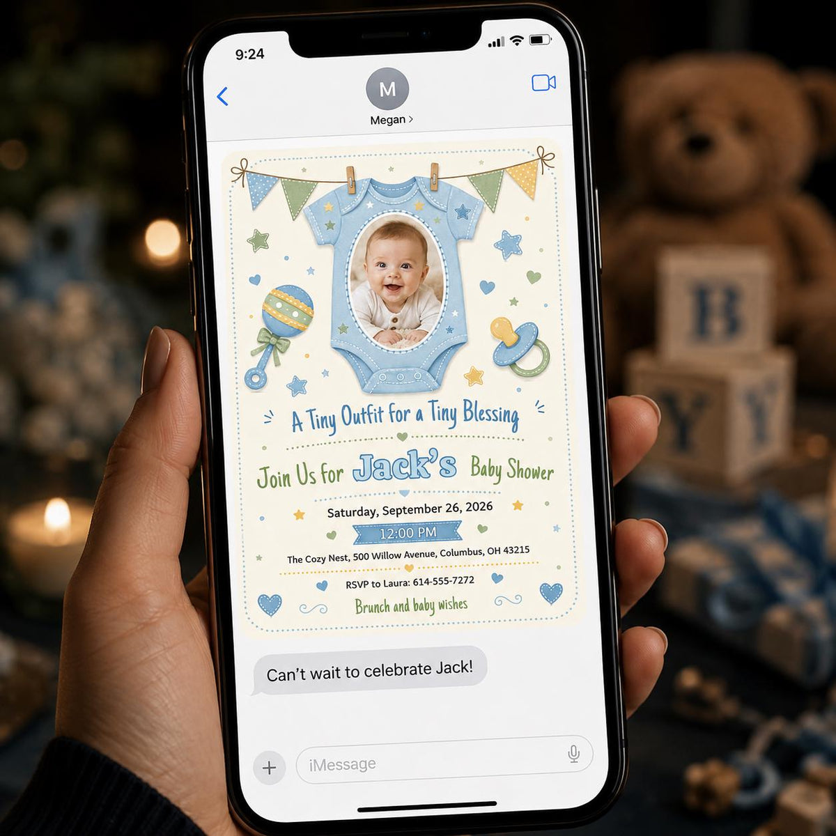 Blue Baby Boy Shower Invitation — invitation you personalize in Canva
