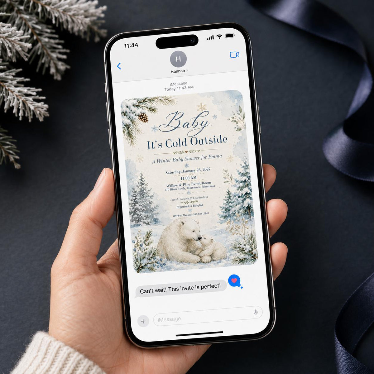 Blue Baby It's Cold Outside Baby Shower Invitation — snowflake and teddy bear design
