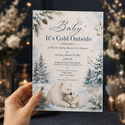 Blue Baby It's Cold Outside Baby Shower Invitation — invitation you personalize in Canva