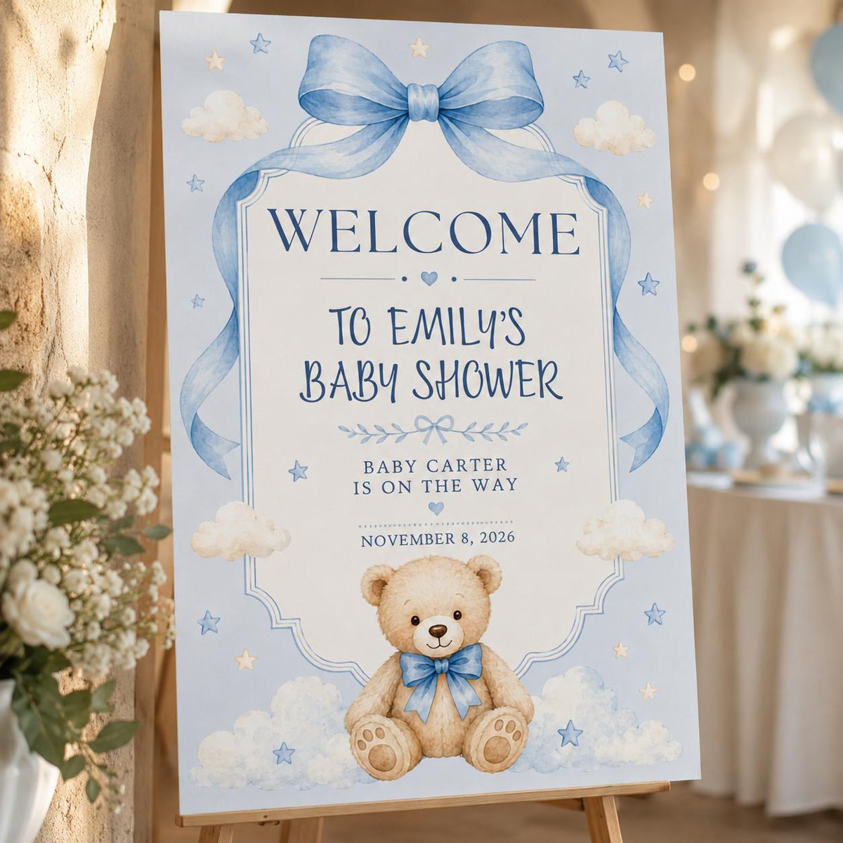 Blue Baby Shower Welcome Sign for Boys — welcome sign you personalize in Canva