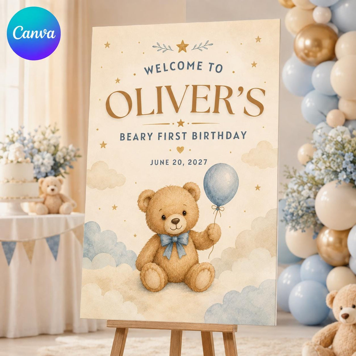 Blue Beary First Birthday Welcome Sign for Boys — editable Canva template