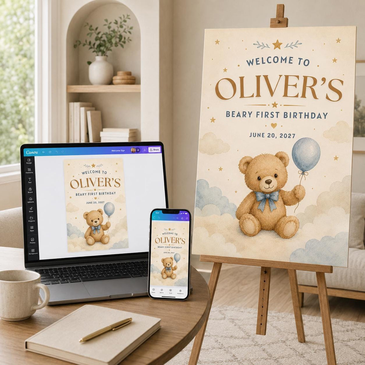 Blue Beary First Birthday Welcome Sign for Boys — teddy bear design