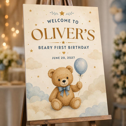 Blue Beary First Birthday Welcome Sign for Boys — print-ready first birthday design from VoltBy
