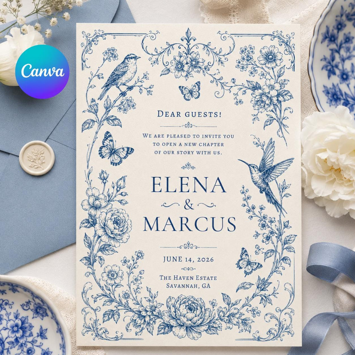 Blue Bird Toile Wedding Invitation — editable Canva template