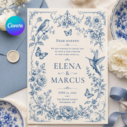 Blue Bird Toile Wedding Invitation — editable Canva template
