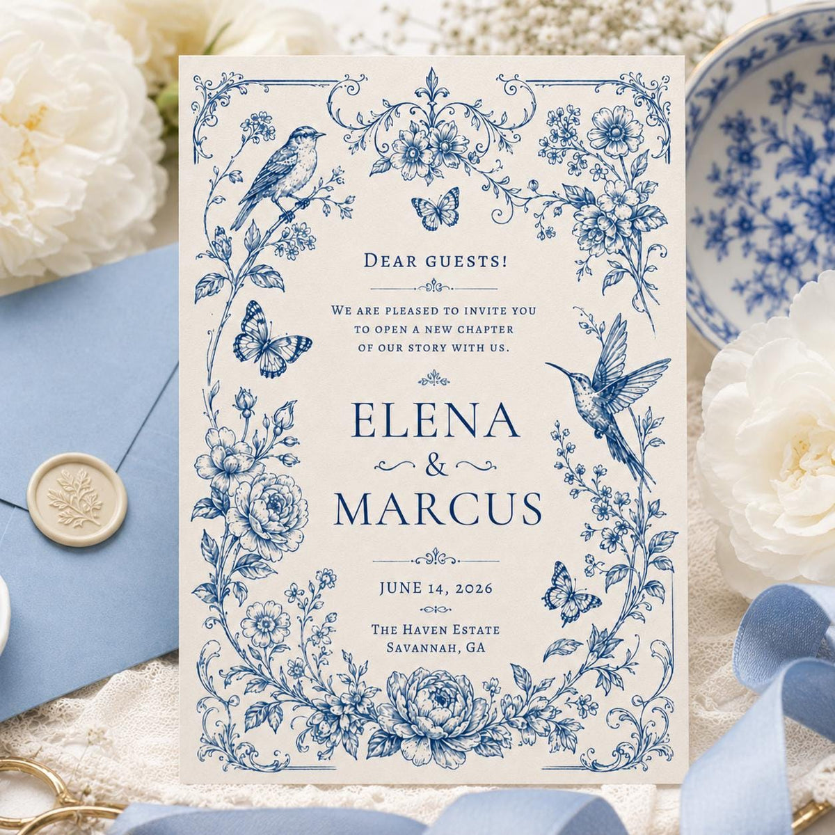 Blue Bird Toile Wedding Invitation in cream