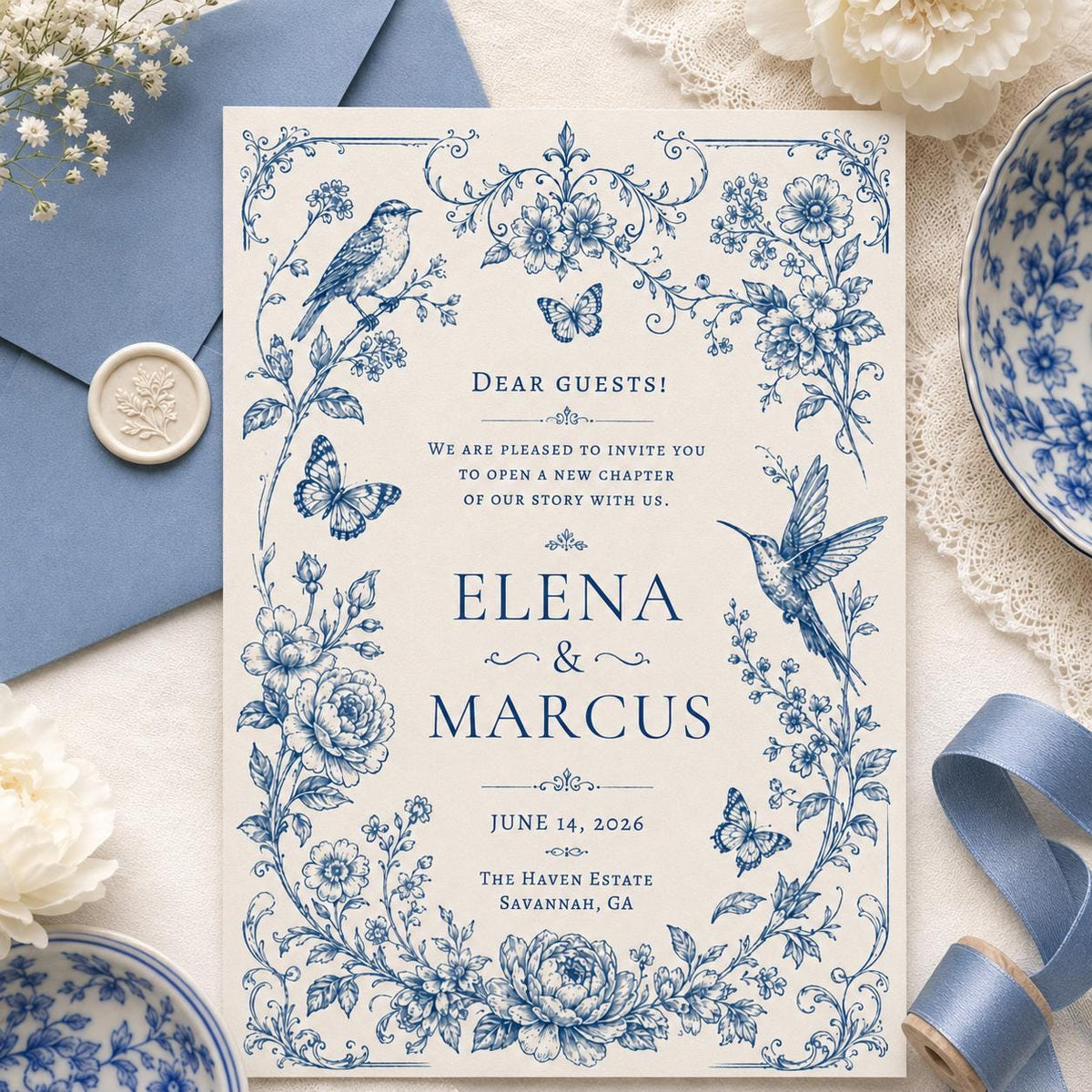Blue Bird Toile Wedding Invitation — rose design