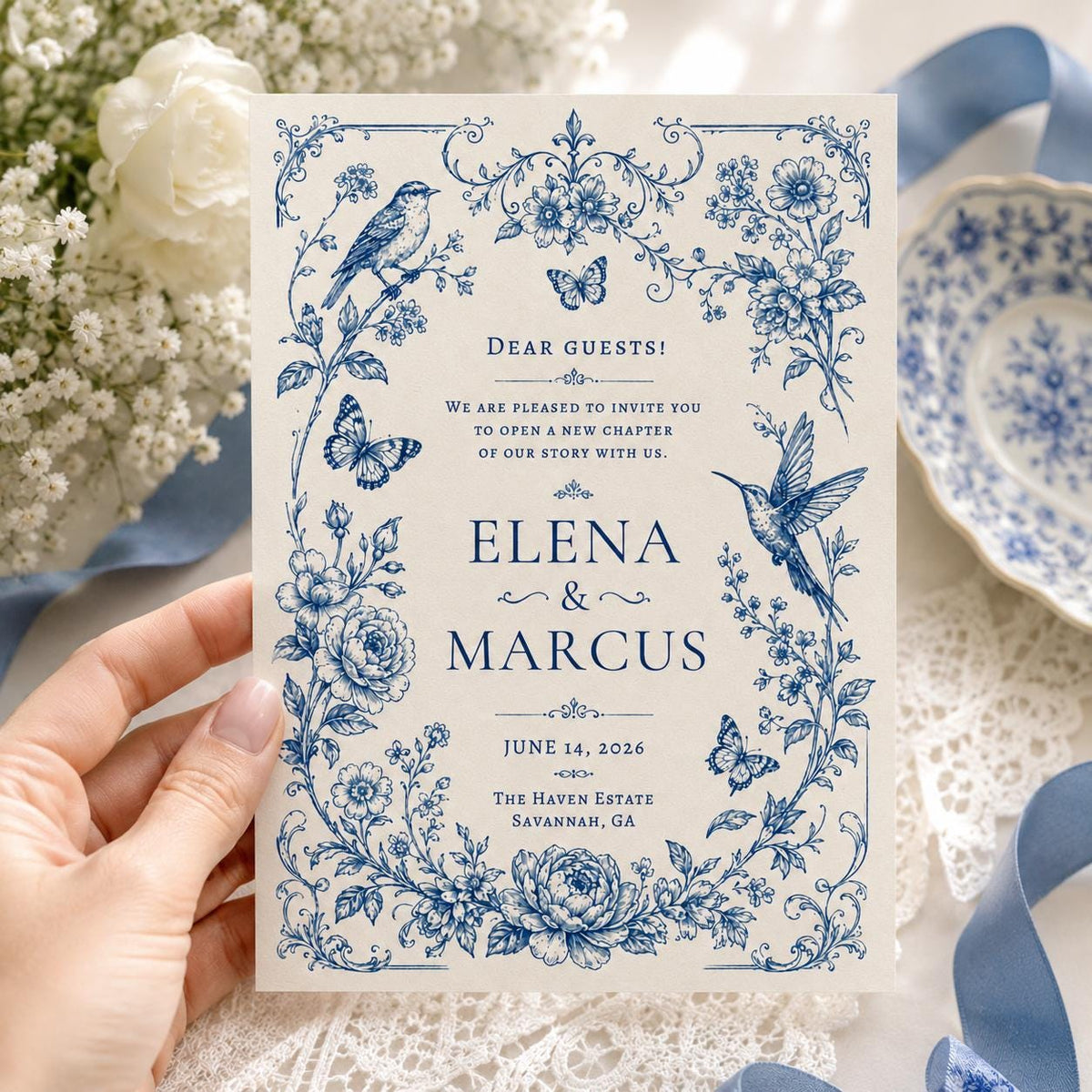 Blue Bird Toile Wedding Invitation — invitation you personalize in Canva