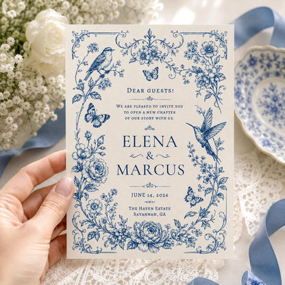 Blue Bird Toile Wedding Invitation — invitation you personalize in Canva