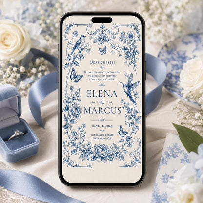 Blue Bird Toile Wedding Invitation — rose artwork in cream