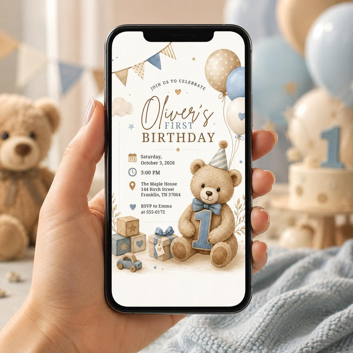 Blue Boho Teddy Bear First Birthday Invitation for Boys — invitation you personalize in Canva