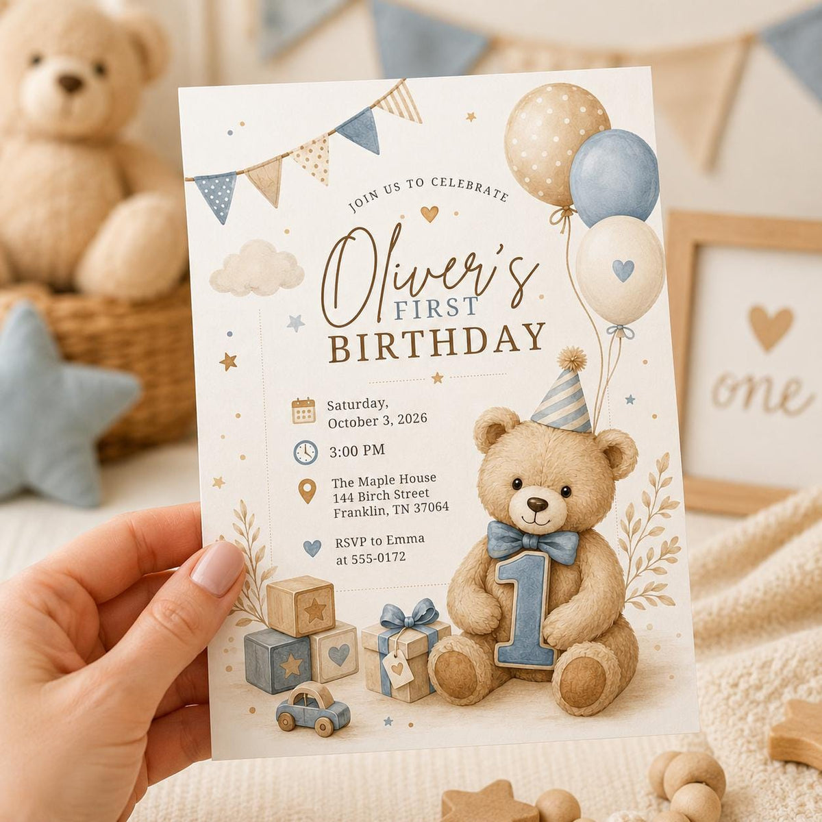 Blue Boho Teddy Bear First Birthday Invitation for Boys — print-ready first birthday design from VoltBy
