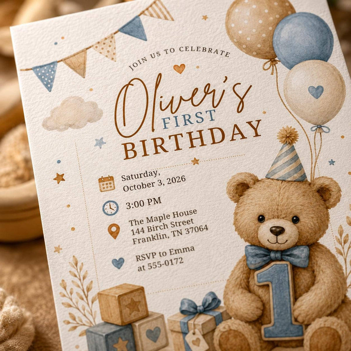Blue Boho Teddy Bear First Birthday Invitation for Boys — digital invitation, instant download