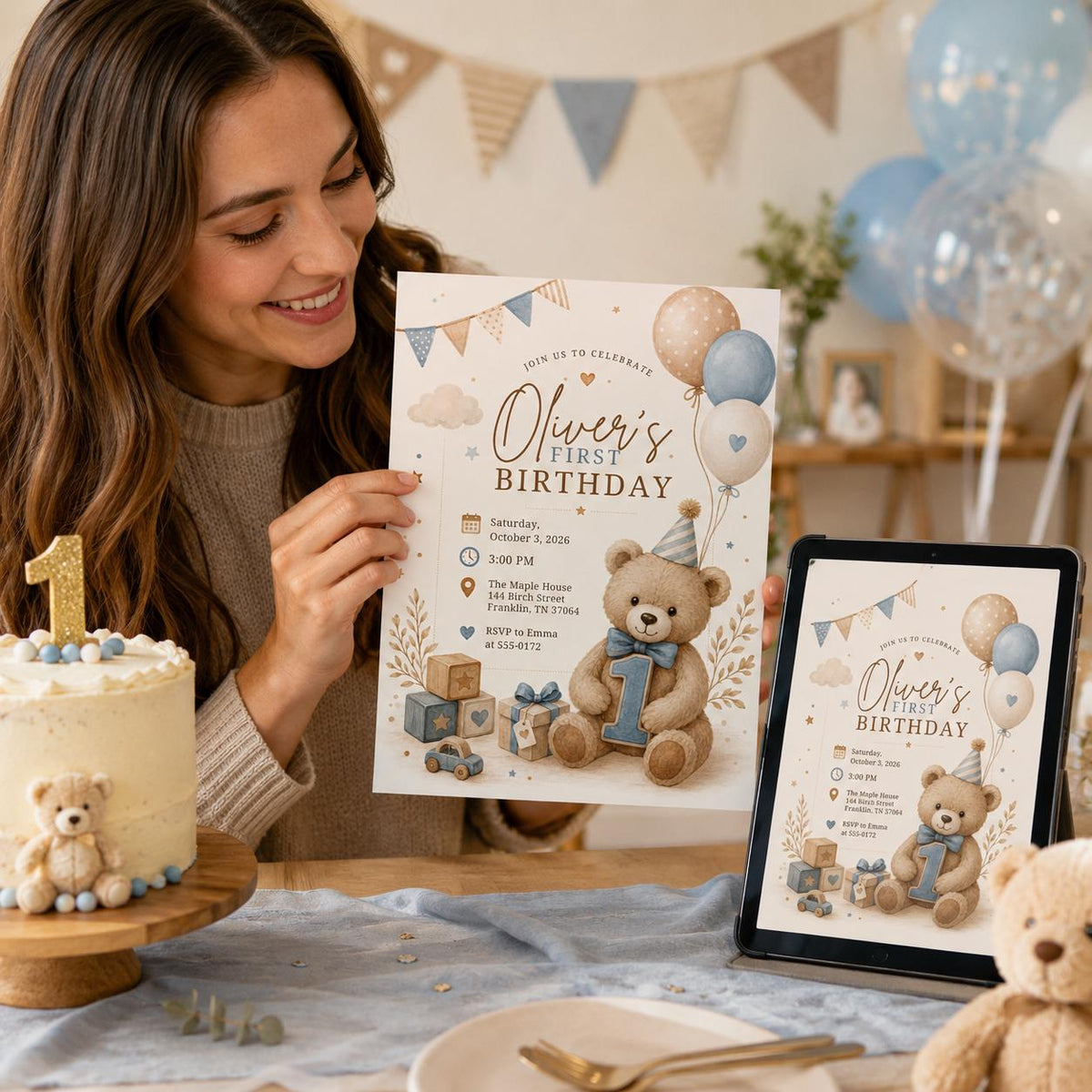 Blue Boho Teddy Bear First Birthday Invitation for Boys — first birthday stationery by VoltBy